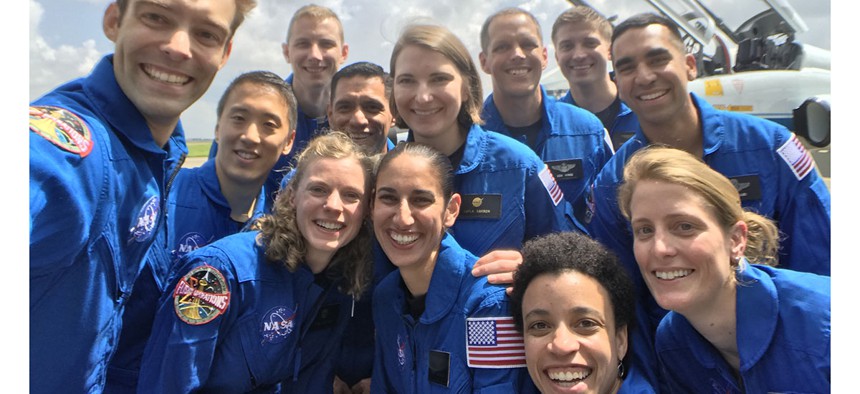 NASA’s 2017 Astronaut Candidate Class stopped for a group photo while getting fitted for flight suits at Ellington Airport near NASA’s Johnson Space Center in Houston.