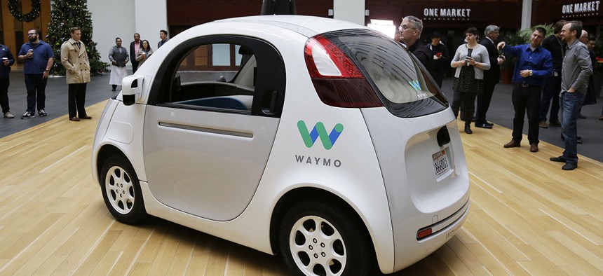 The Waymo driverless car is displayed during a Google event, Tuesday, Dec. 13, 2016, in San Francisco.