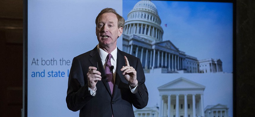 Microsoft President and Chief Legal Officer Brad Smith speaks in Washington, Tuesday, July 11, 2017, about Microsoft's project to bring broadband internet access to rural parts of the U.S.