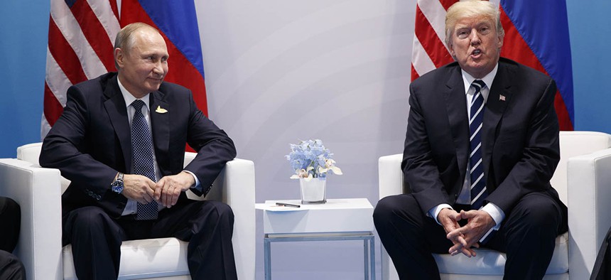 President Donald Trump speaks during a meeting with Russian President Vladimir Putin at the G20 Summit, Friday, July 7, 2017.