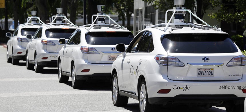 A row of Google self-driving Lexus cars in Mountain View, California.