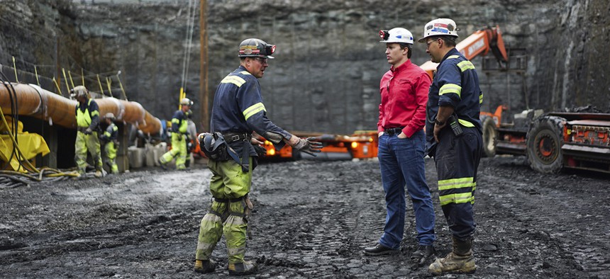 Corsa CEO George Dethlefsen speaks to workers at a new Corsa coal mine in Friedens, Pa., Wednesday, June 7, 2017.