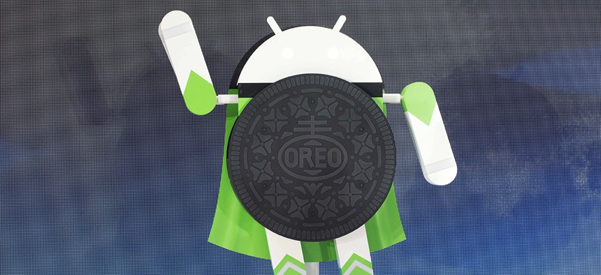 A sculpture of the Android 8.0 Oreo operating system is unveiled Monday, Aug. 21, 2017, in New York.