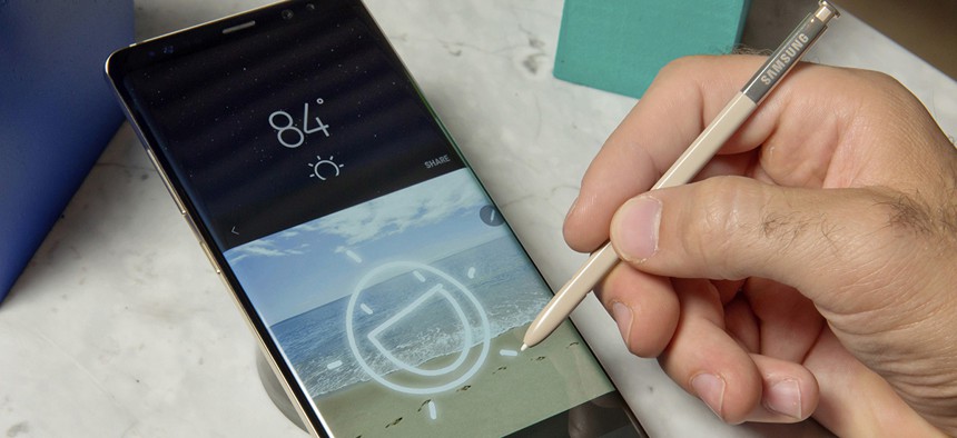 A Samsung Galaxy Note 8 and accompanying stylus on display, in New York.