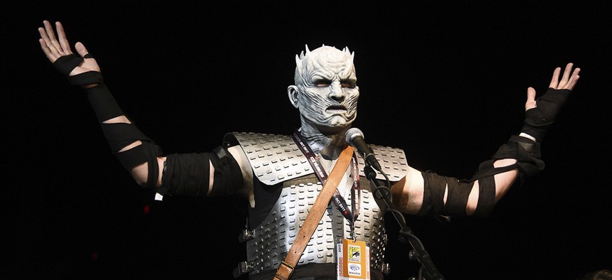 Fan Christopher Lomas, dressed as the Night King, asks a question at the "Game of Thrones" panel on day two of Comic-Con International on Friday, July 21, 2017.