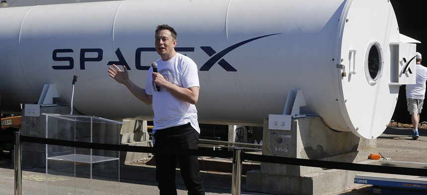 Telsa CEO Elon Musk congratulates the winners of the Hyperloop Pod Competition II at SpaceX's Hyperloop track in Hawthorne, Calif., Sunday, Aug. 27, 2017.