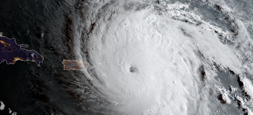 In this geocolor image captured by GOES-16 and released by the National Oceanic and Atmospheric Administration (NOAA), Hurricane Irma approaches Anguilla on Wednesday, Sept. 6, 2017.