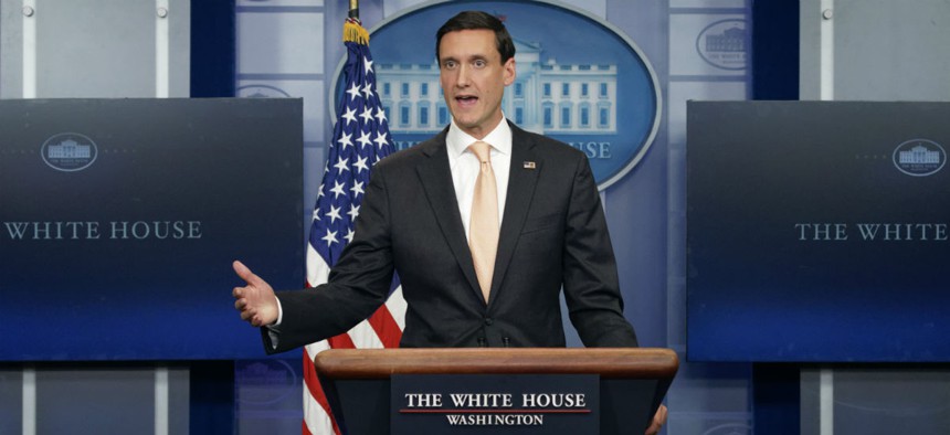 Homeland Security Adviser Tom Bossert speaks during a news briefing at the White House on Aug. 31.