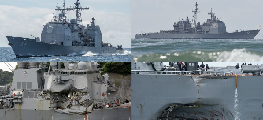 This combination of file photos show U.S. Navy ships the USS Antietam, top left; the USS Lake Champlain, top right; the USS Fitzgerald, bottom left; and the USS John S. McCain.