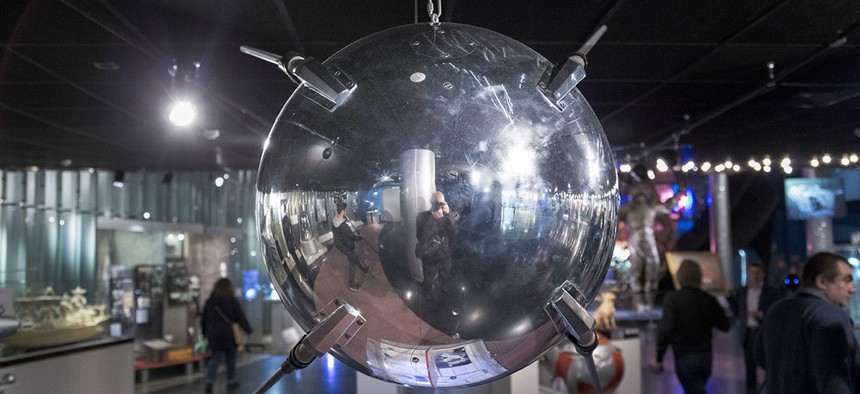 A mock-up of the First Earth Sputnik is on display at the Museum of Cosmonautics in Moscow, Russia. 