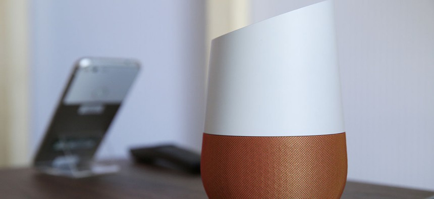 A Google Home, right, sits on display near a Pixel phone following a product event, in San Francisco.