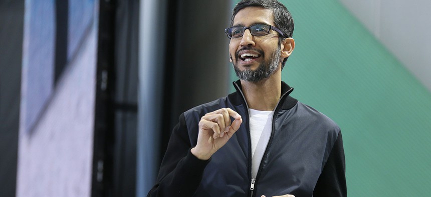 Google CEO Sundar Pichai delivers the keynote address of the Google I/O conference, Wednesday, May 17, 2017, in Mountain View, Calif.