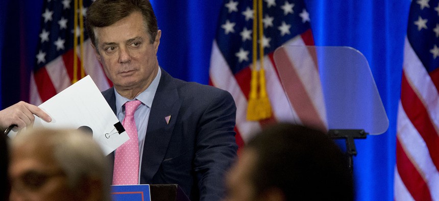 Paul Manafort appears on stage ahead of Republican presidential candidate Donald Trump, Wednesday, June 22, 2016, in New York.