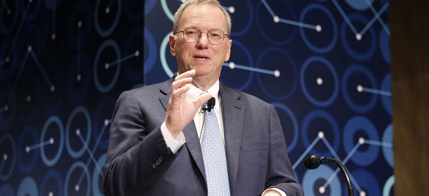Eric Schmidt, executive chairman of Alphabet speaks during a press conference ahead of the Google DeepMind Challenge Match in Seoul, South Korea, Tuesday, March 8, 2016.