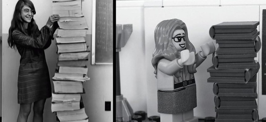 The real Hamilton next to the code she wrote for the Apollo mission (L), and Lego’s interpretation of the iconic photo.