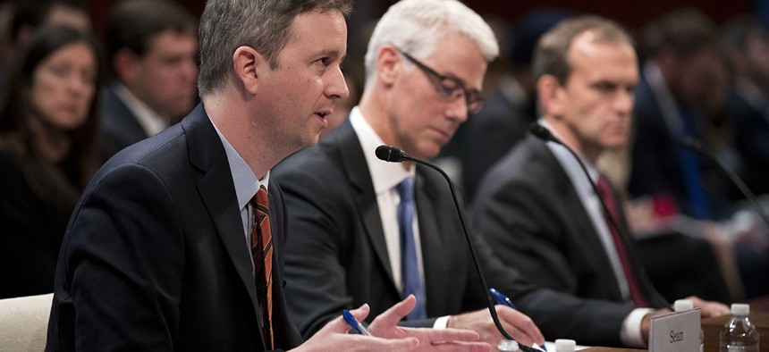 Twitter's Acting General Counsel Sean Edgett, from left, Facebook's General Counsel Colin Stretch and Google's Senior Vice President and General Counsel Kent Walker, testify before a House Intelligence Committee task force hearing on Capitol Hill.