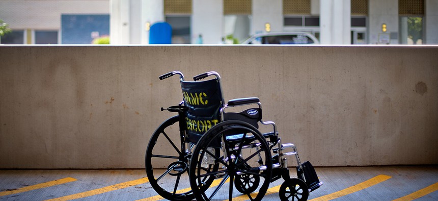 A wheelchair sits outside the Atlanta VA Medical Center in Atlanta. 