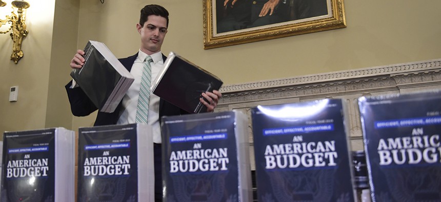 James Knable helps to unpack copies of the President's FY19 Budget after it arrived at the House Budget Committee office on Capitol Hill in Washington, Monday, Feb. 12, 2018. 