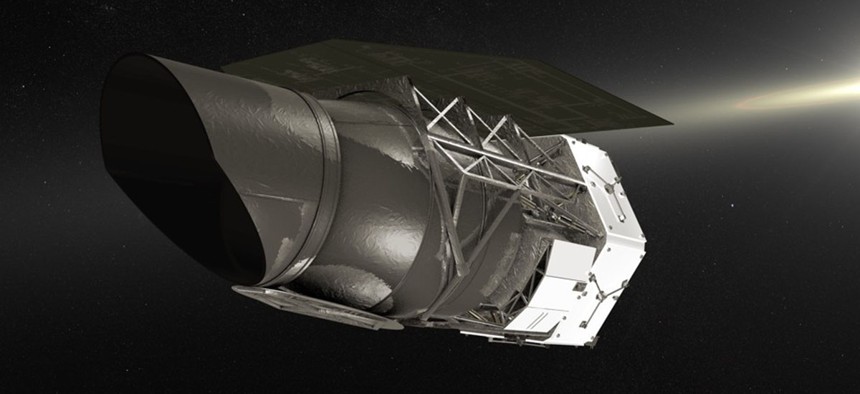 An illustration of NASA’s Wide-Field Infrared Survey Telescope (WFIRST), planned to fly in the mid-2020s.