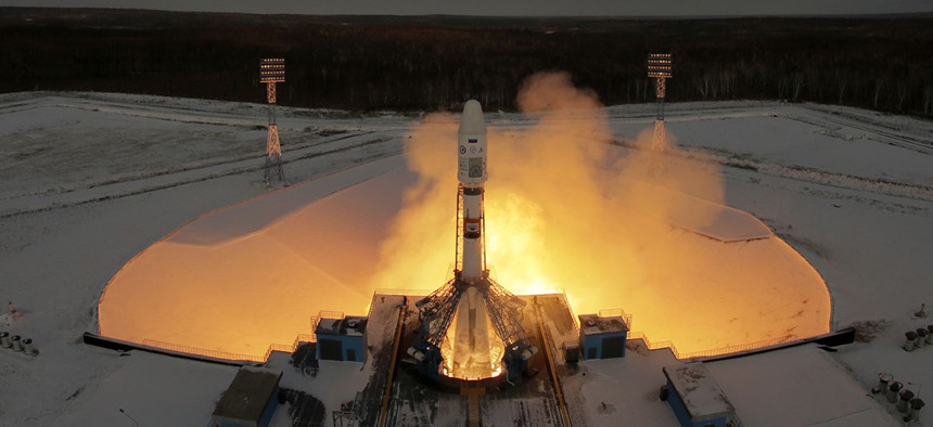A Russian Soyuz 2.1b rocket carrying Meteor M satellite and additional 18 small satellites, lifts off from the launch pad at the new Vostochny cosmodrome outside the city of Tsiolkovsky.