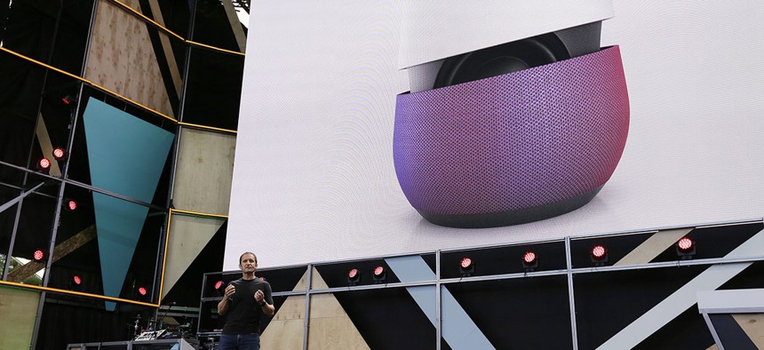 Google vice president Mario Queiroz gestures while introducing the new Google Home device during the keynote address of the Google I/O conference Wednesday, May 18, 2016, in Mountain View, Calif. 