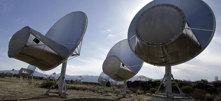 Radio telescopes of the Allen Telescope Array are seen in Hat Creek, Calif.