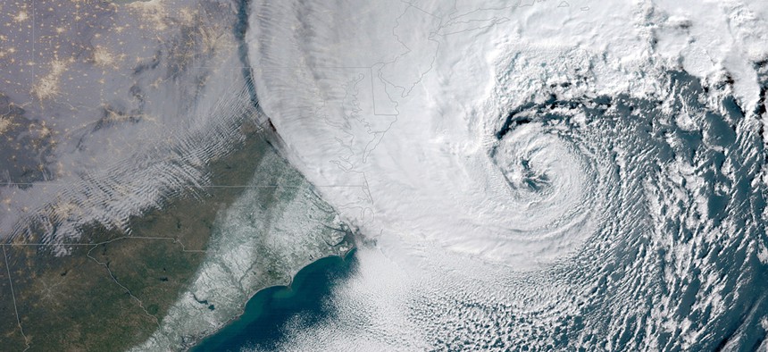 This satellite image provided by NOAA shows a powerful nor'easter winter storm moving up the U.S. eastern seaboard on Thursday, Jan. 4, 2018. 
