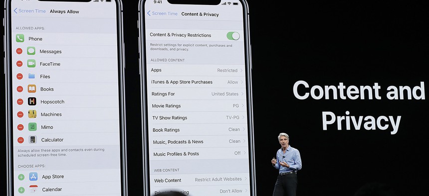 Craig Federighi, Apple's senior vice president of Software Engineering, speaks about content and privacy during an announcement of new products at the Apple Worldwide Developers Conference Monday, June 4, 2018.