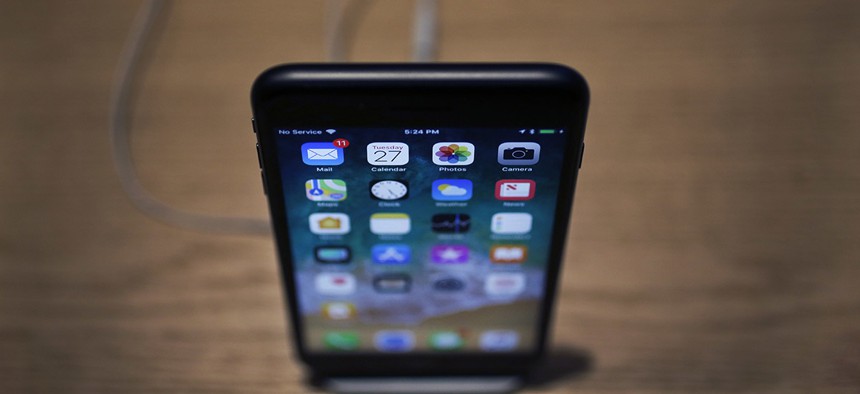 An Apple iPhone X on display during an Apple event at their main store Tuesday, March 27, 2018, in Chicago. 