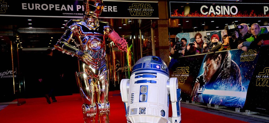 R2-D2 and C-3PO at the premiere of "Star Wars: The Force Awakens".