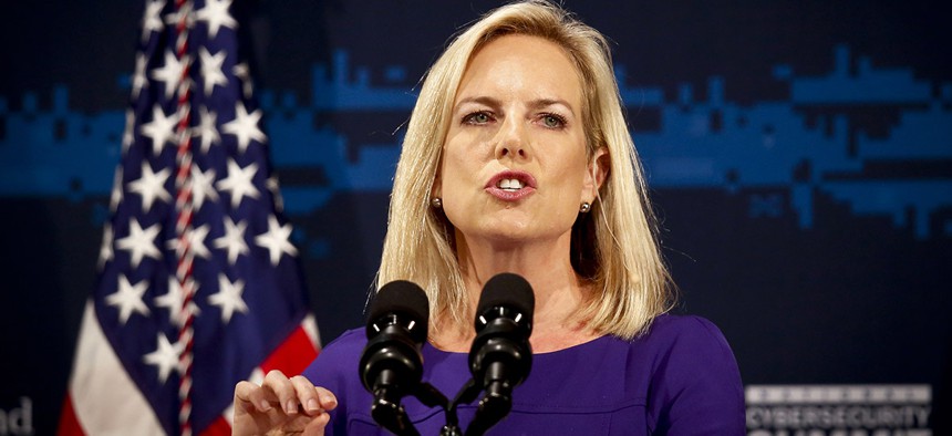 Secretary of Homeland Security Kirstjen Nielsen address the DHS National Cybersecurity Summit, Tuesday, July 31, 2018, in New York. 