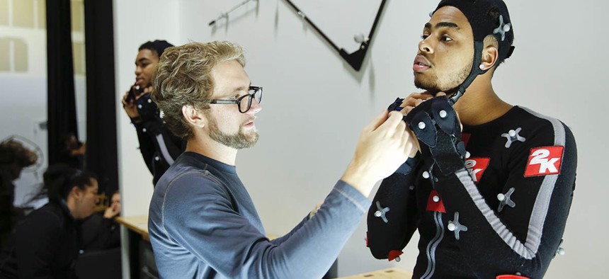 NBA player D'Angelo Russell suits up in motion capture suit at the 2K Mocap Studio in Petaluma, Calif.