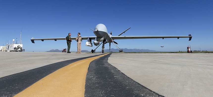 A Customs and Border Patrol drone prepares for flight at Ft. Huachuca in Sierra Vista, Ariz. 