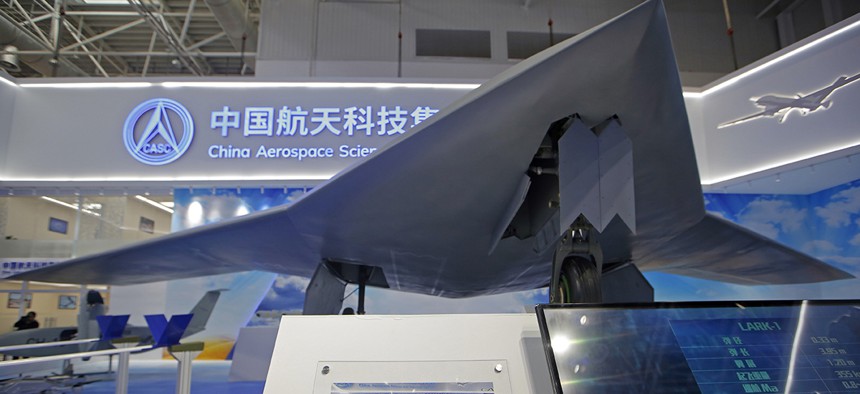 China's new-generation stealth unmanned combat aircraft prototype, the CH-7, is displayed during the 12th China International Aviation and Aerospace Exhibition.