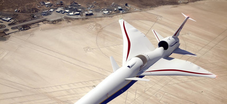 Illustration of the X-59 QueSST as it flies above NASA's Armstrong Flight Research Center in California.
