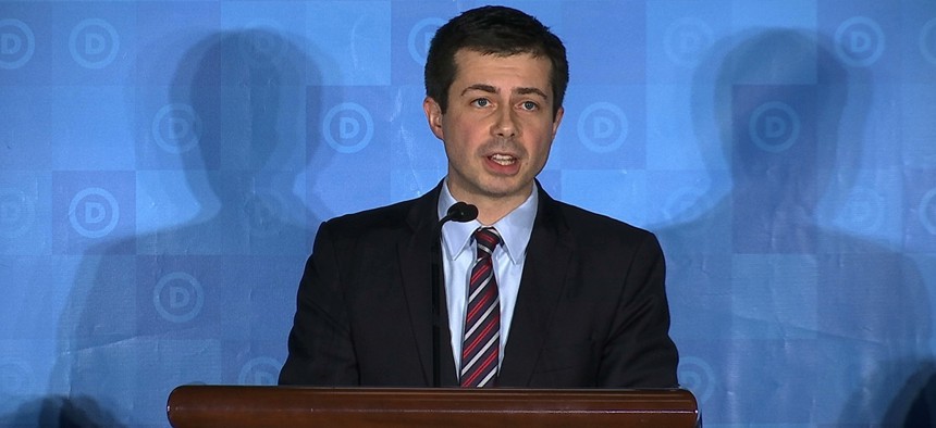 Pete Buttigieg, the mayor of South Bend, Ind., is seen at the Democratic National Committee Winter Meeting in Atlanta.
