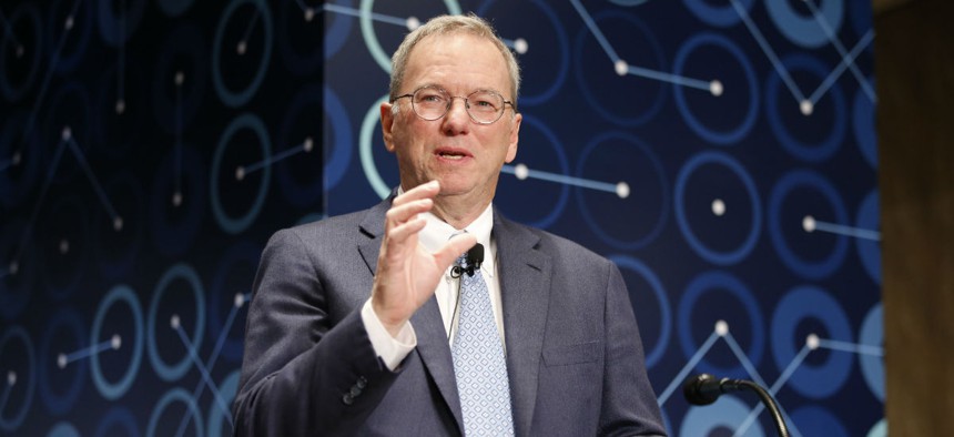 Eric Schmidt speaks at a press conference ahead of the Google DeepMind Challenge Match in Seoul, South Korea, in 2016.