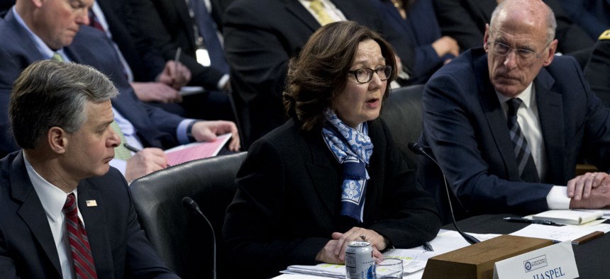 CIA Director Gina Haspel accompanied by FBI Director Christopher Wray and Director of National Intelligence Dan Coats testifies before the Senate Intelligence Committee in Washington Jan. 29.