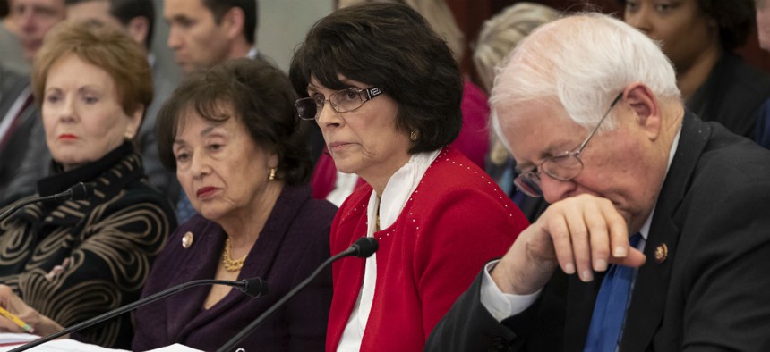 From left, Reps. Kay Granger, R-Texas,  Nita Lowey, D-N.Y.,  Lucille Roybal-Allard, D-Calif., and  David Price, D-N.C., listen as a bipartisan group of House and Senate bargainers meet to craft a border security compromise to avoid another shutdown.