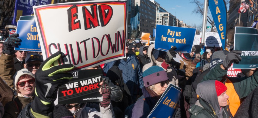 A protest of government shutdown by furloughed as well as unpaid working federal employees, union members, contractors and supporters at rally AFL-CIO Jan. 10.