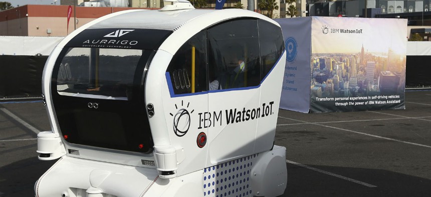 The IBM Watson IoT autonomous pod with Aurrigo Tech is voice-controlled on a closed course at CES International Jan. 8 in Las Vegas. 