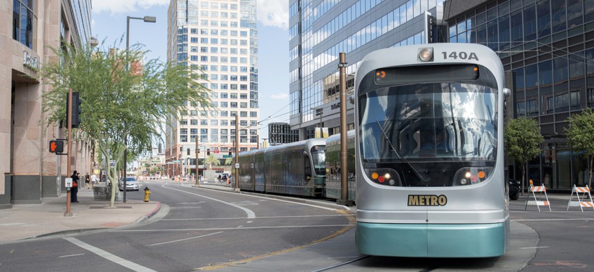 Phoenix Metro Light Rail train goes through downtown.