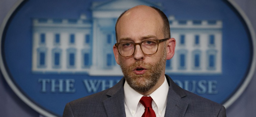 Acting Office of Management and Budget director Russ Vought speaks during the daily press briefing at the White House March 11.