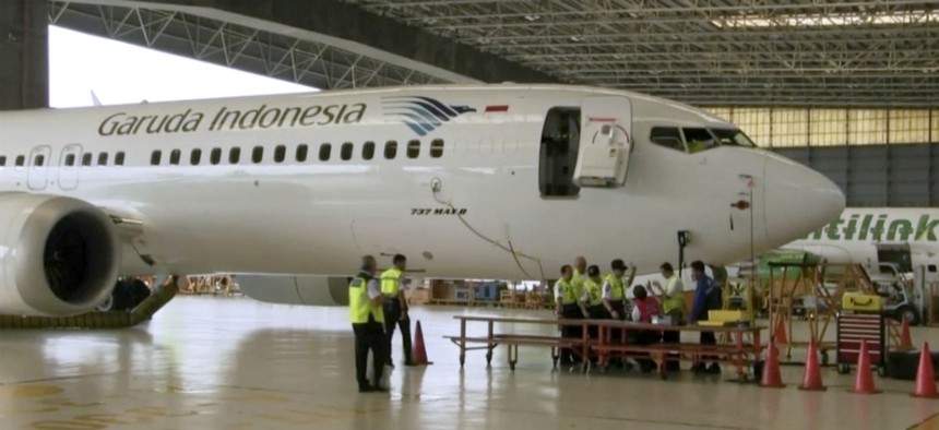 In this image from video taken on Tuesday, March 12, 2019, a Boeing 737 Max 8 aircraft is in hangar before the inspection at Garuda Maintenance Facility at Soekarno Hatta airport, Jakarta.