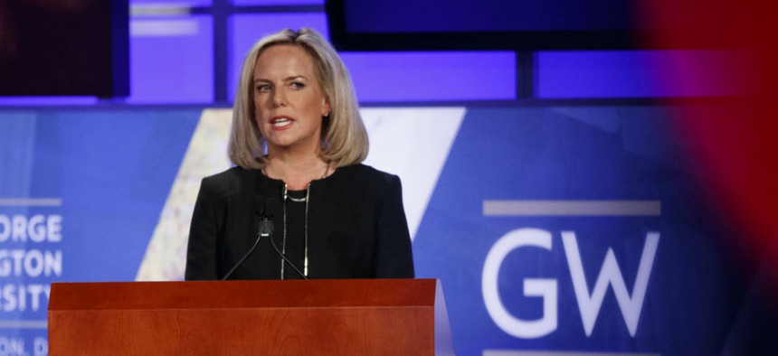 Homeland Security Secretary Kirstjen Nielsen speaks at George Washington University's Jack Morton Auditorium in Washington March 18.