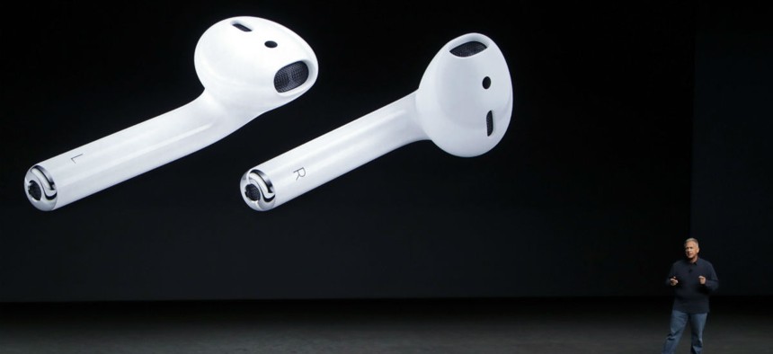 Phil Schiller, Apple's senior vice president of worldwide marketing, talks about AirPods during an event to announce new products in 2016.