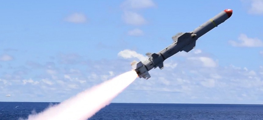The USS Antietam launches a harpoon surface-to-surface missile during the Pacific Vanguard  exercise.
