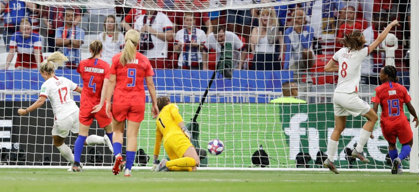 A goal from the England team in a semi-final against the U.S. was ruled offside after a VAR review.