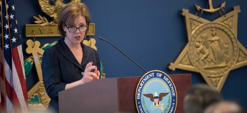 Defense Department acting Chief Management Officer Lisa Hershman delivers remarks at the inaugural DOD Gears of Government Awards, at the Pentagon in May.