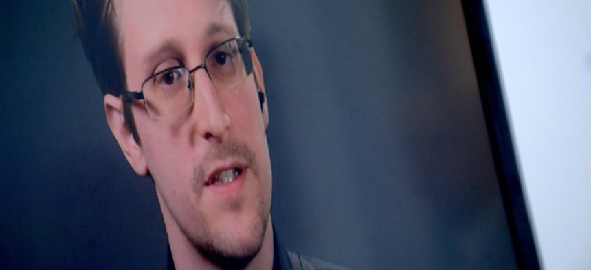 In 2016, Edward Snowden via video from Moscow speaks at the launch of a campaign calling on President Obama to pardon him.